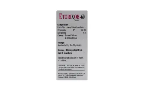 Opakowanie leku Etorixob-60, zawierającego 60 mg etoricoxibu. Przechowywać z dala od światła i wilgoci.