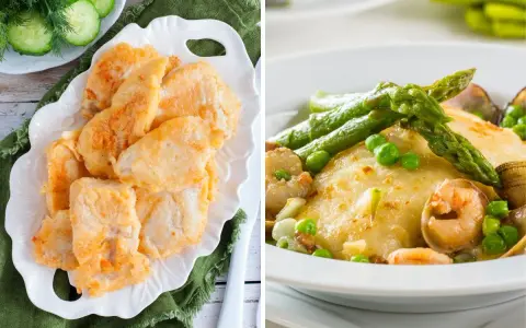 Dos platos de merluza: rebozada con pepino y enharinada con espárragos y guisantes. ¡Ideas para recetas con merluza congelada!