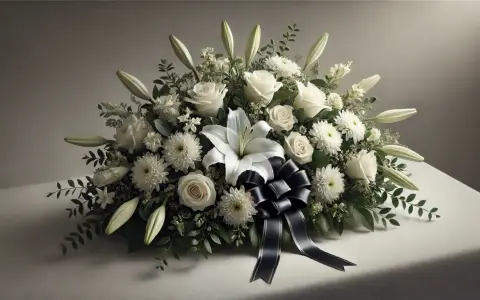 Elegancki bukiet na pogrzeb z białych róż, lilii i chryzantem, ozdobiony granatową wstęgą.