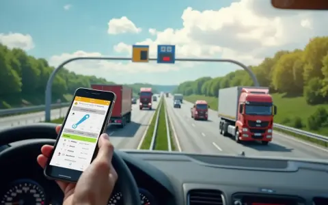 Aplikacja na telefonie pokazuje trasę i koszty przejazdu. Kierowca ciężarówki jedzie autostradą A4, sprawdzając autostrada a4 cennik gliwice-wrocław.