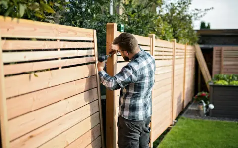 Uomo con trapano realizza una staccionata in legno fai da te, creando un'elegante divisione per il giardino.