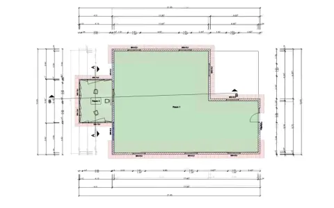 Grundriss eines Gartenhauses mit Raum 1 und Raum 3. Der Plan zeigt Maße und Details, um das Gartenhaus plan zeichnen zu können.