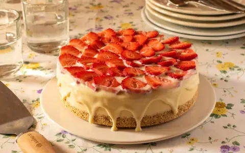 Deliciosa tarta de frutas cubierta de fresas frescas y glaseado blanco cremoso.