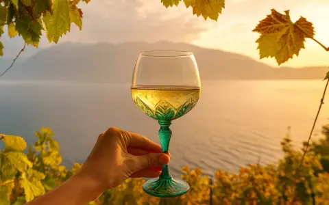 Ein Glas Lugana Wein, dessen Herkunft man schmeckt, vor malerischer Kulisse am See bei Sonnenuntergang.