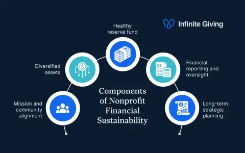 Diagram showing components of nonprofit financial sustainability, including diversified assets, healthy reserve fund, financial reporting, long-term planning, and mission alignment, crucial for investment management for nonprofit organizations.