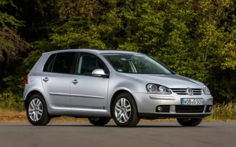 Srebrny Volkswagen Golf V stoi na drodze, otoczony zielenią drzew.