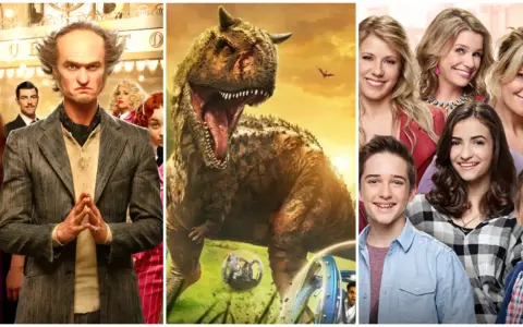 Montaje de series para niños de 10 a 12 años: un villano siniestro, un dinosaurio rugiente y un grupo de sonrientes adolescentes.