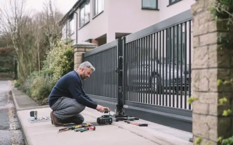 Un homme ajuste le moteur d'un portail automatique. Outils et pièces sont disposés sur le trottoir, prêts pour l'installation.