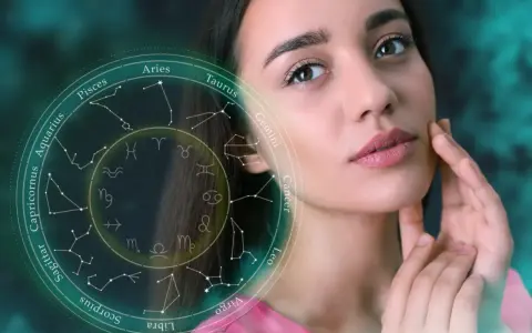 Kobieta z delikatnym dotykiem na policzku, obok niej krąg zodiaku. 6 lipiec znak zodiaku to Rak.