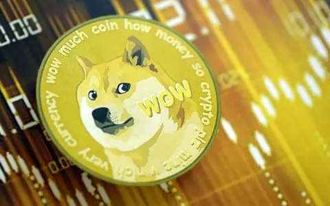 Złota moneta z psem Doge na tle wykresu finansowego. Widoczny napis "wow much coin how money so crypto plz mine very currency". Doge kurs w górę!