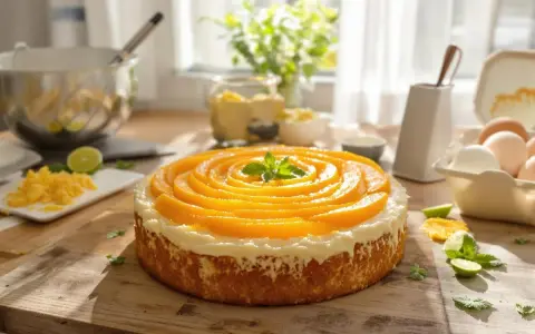 Gâteau sans farine de blé, décoré de rondelles de pêche disposées en spirale et d'une touche de menthe. Des ingrédients comme des œufs et des citrons verts sont visibles sur la table.