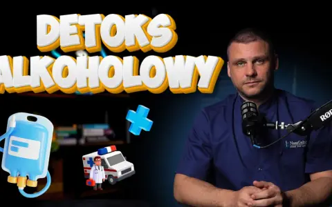 Lekarz wyjaśnia, jak wyjść z ciągu alkoholowego. W tle grafiki: kroplówka, karetka, niebieski krzyż.