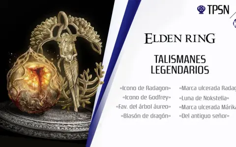 Elden Ring: talismanes legendarios. Un orbe brillante y una figura dorada, rodeados de nombres como "Icono de Radagon" y "Luna de Nokstella".