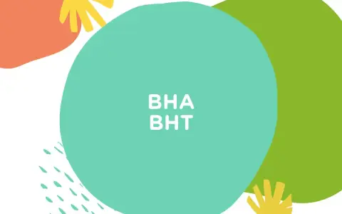 Kolorowe kształty i tekst "BHA BHT" na tle. Składniki kosmetyków, które warto znać.