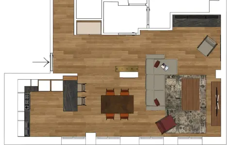 Progetto di una casa 60 mq open space con cucina moderna, zona pranzo e soggiorno accogliente con divano angolare e tappeto decorativo.