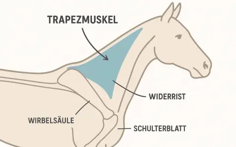 Schema der Pferdemuskulatur: Trapezmuskel, Widerrist, Schulterblatt und Wirbelsäule sind hervorgehoben.