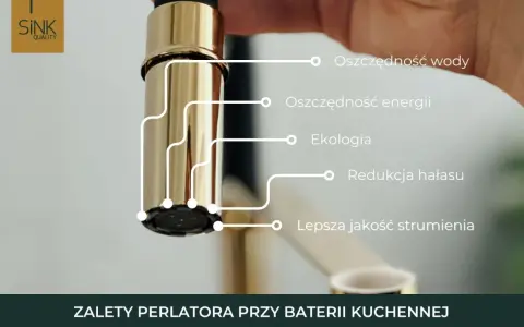 Złoty perlator przy baterii kuchennej. To co to jest perlator? Oszczędza wodę, energię, jest ekologiczny, redukuje hałas i poprawia strumień.