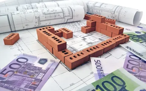 Plans de maison, briques et billets en euros symbolisant le prix construction maison 150m2.