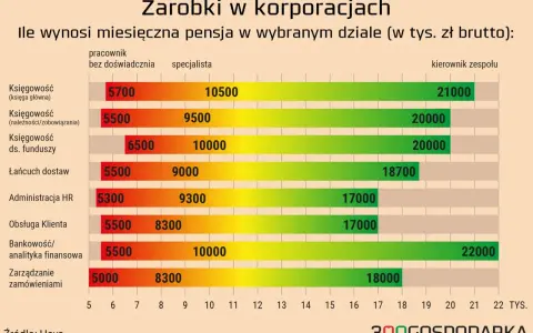 Zarobki w korporacjach: pensje brutto w tys. zł dla księgowości, HR, obsługi klienta i innych działów.