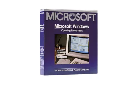 Microsoft Windows-Verpackung, ein früher Schritt in der Windows betriebssysteme reihenfolge. Zeigt einen Monitor mit der Benutzeroberfläche.