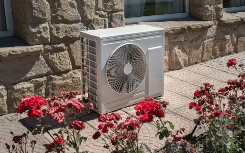 Unità esterna di una pompa di calore aria calda e fredda, posizionata su un patio con rose rosse in fiore.