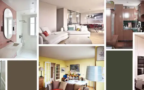 Avant/après rénovation appartement : salle de bain moderne, salon épuré, cuisine fonctionnelle.