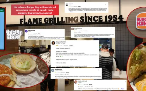 Porównanie obiad z Burger King vs restauracji. Na ekranie numery zamówień, a obok opinie o długim czekaniu i zimnym jedzeniu.