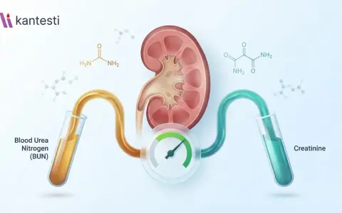 Illustration visar njure med blodprov för BUN och kreatinin. Mätare indikerar njurfunktion.