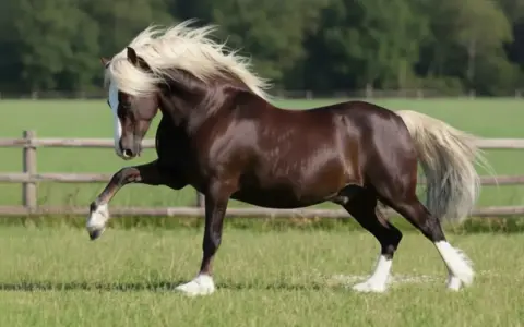 Un magnifique welsh cob cheval, robe sombre, crinière et queue blondes, en mouvement dans un pré verdoyant.