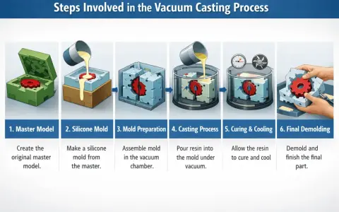 Steps of vacuum casting: master model, silicone mold creation, mold prep, resin pouring, curing, and final demolding.