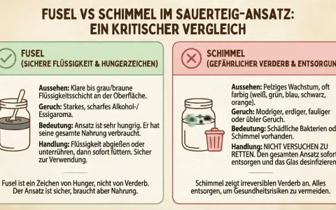 Fusel im Sauerteig riecht scharf, wie Alkohol/Essig. Das ist ein Zeichen von Hunger, nicht von Verderb. Der Ansatz ist sicher.