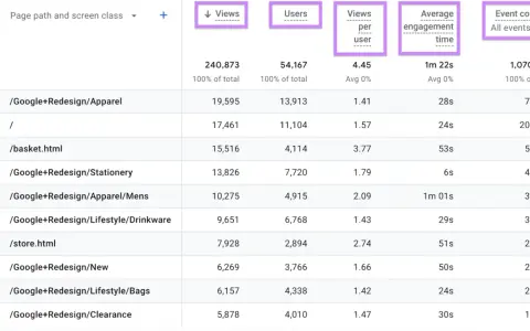 Tabella di Google Analytics con dati di traffico web, visualizzazioni e utenti. Ottenere la certificazione Google Analytics è fondamentale per analizzare questi dati.