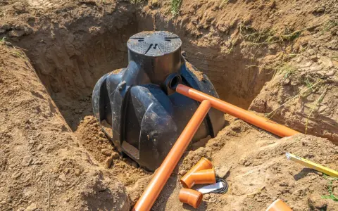 Instalacja szamba w wykopie. Pomarańczowe rury drenarskie i przyłącza czekają na montaż. Trwa praca nad tym, na jakiej głębokości drenaż odwadniający będzie skuteczny.