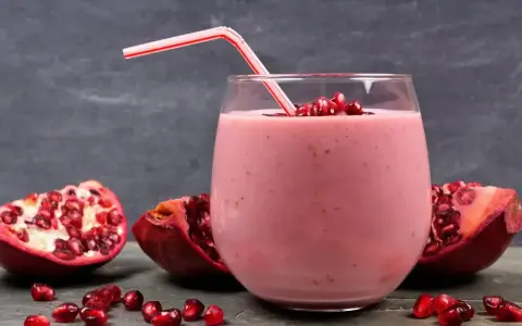 Orzeźwiający drink z granatem, udekorowany nasionami i kawałkami owocu. Idealny na letnie popołudnie.