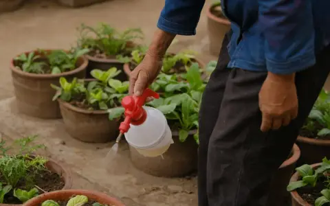 Persona rocía sus plantas con jabón potásico para protegerlas.