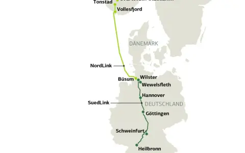 Karte zeigt das Stromnetz in Norwegen und Deutschland, verbunden durch NordLink und SuedLink.