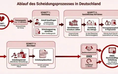 Nach dem Trennungsjahr (ca. 12 Monate) kann man sich scheiden lassen. Der Prozess beinhaltet Einleitung, gerichtliches Verfahren und Abschluss.