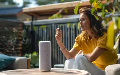Frau spricht mit einem Smart Speaker im Garten. Sie verbindet ihr Gerät und genießt die Musik.