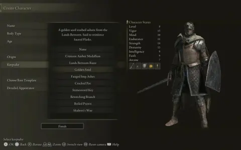 Creando personaje en Elden Ring. El mejor recuerdo es el "Golden Seed", un objeto inicial que ayuda a mejorar las Frascos Sagrados.