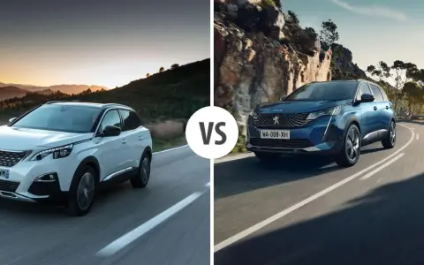 Biały i niebieski Peugeot SUV jadące po krętych drogach.