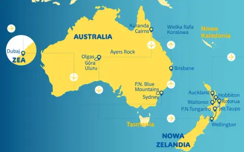 Mapa Australii i Nowej Zelandii z zaznaczonymi atrakcjami turystycznymi i lotniskami.