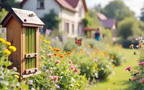Maisonnette en bois pour insectes auxiliaires, avec un papillon monarque volant au-dessus d'un jardin fleuri.