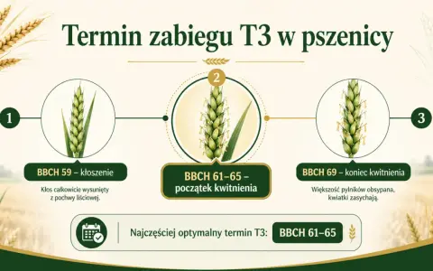Grafika pokazuje rozwój kłosa pszenicy w różnych fazach: kłoszenie (BBCH 59), początek kwitnienia (BBCH 61-65) i koniec kwitnienia (BBCH 69). Najczęściej optymalny termin zabiegu T3 w pszenicy to BBCH 61-65.