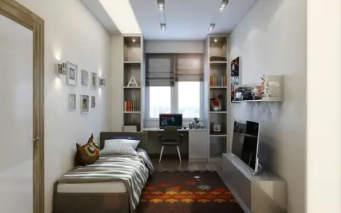 Arredamento moderno per camerette strette e lunghe: letto singolo, scrivania con PC, librerie e TV.
