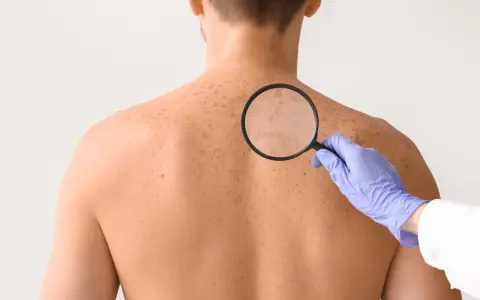 Dermatolog bada plecy pacjenta z licznymi białymi plamami na skórze, używając lupy.