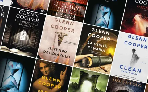 Copertine di libri di Glenn Cooper in ordine cronologico: "La biblioteca dei morti", "Il tempo del diavolo", "La verità di Maria", "Clean Tabula Rasa", "Dannati".