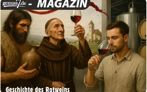 Drei Männer, von der Steinzeit bis heute, verkosten Rotwein. Die Frage "wer hat Wein erfunden" wird hier visuell beleuchtet.