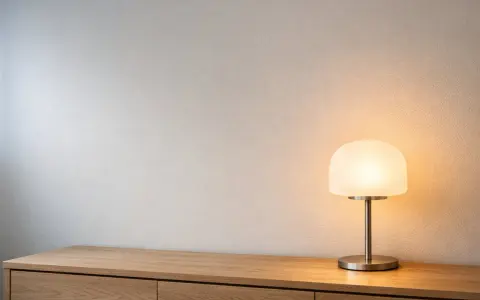 En stilren lila lampa lyser upp en träbyrå mot en texturerad vägg.
