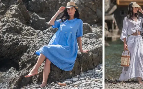Modelli ispirano su come vestirsi per andare al mare: abito azzurro e completo bianco in lino, perfetti per la spiaggia.