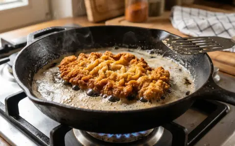 Ein goldbraunes Schnitzel braten in heißem Fett in einer Gusseisenpfanne. Dampf steigt auf, während die Panade knusprig wird.